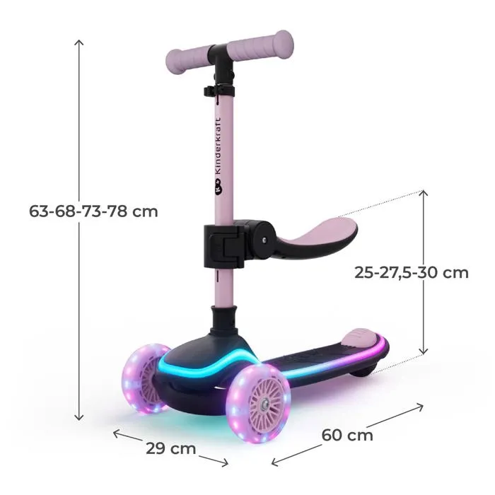 Kinderkraft RAKET UP 2 en 1 Trottinette évolutive Rose avec siège réglable et roues LED