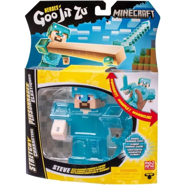 Goo Jit Zu - Figurine Extensible Steve Minecraft 11 cm - Texture Élastique, Extension 3x - Heroesofgoojitzu