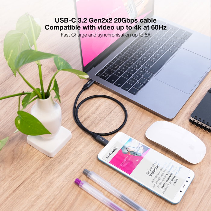 Nanocable Câble USB Type C 3m USB 3.2 20Gbps 100W 4K 60Hz Noir