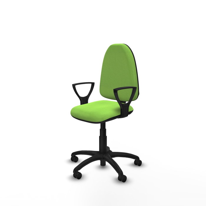 Chaise de bureau Aýna avec mécanisme de contact permanent de base, recouverte de tissu couleur pistache. Équipée d'une base en polyamide noir, d'accoudoirs fixes et de roulettes autobloquantes.