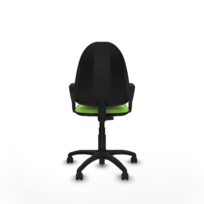 Chaise de bureau Aýna avec mécanisme de contact permanent de base, recouverte de tissu couleur pistache. Équipée d'une base en polyamide noir, d'accoudoirs fixes et de roulettes autobloquantes.