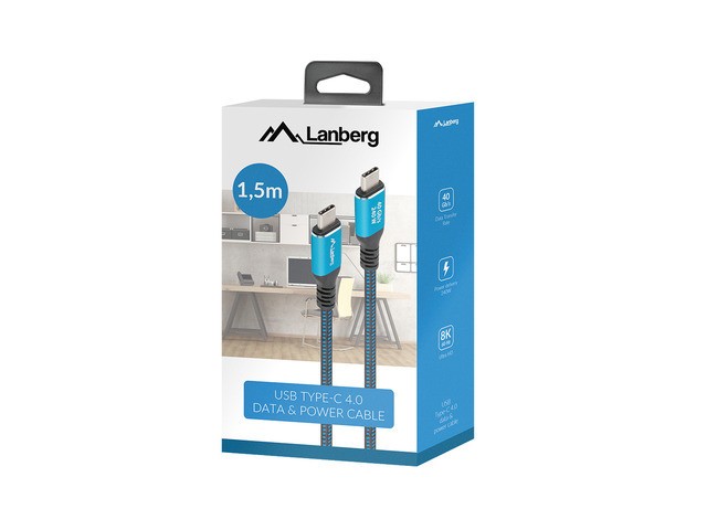 Lanberg Câble USB Type-C 4.0 40 Gb/s 240W 150 cm Textile pour Moniteur 8K Portable