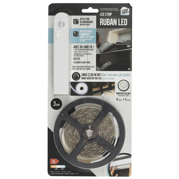 Je cherche une Idee Tira LED 3 m avec détecteur de mouvement et luminosité, blanc froid Je cherche une Idee Tira LED 3 m avec détecteur de mouvement et luminosité, blanc froid