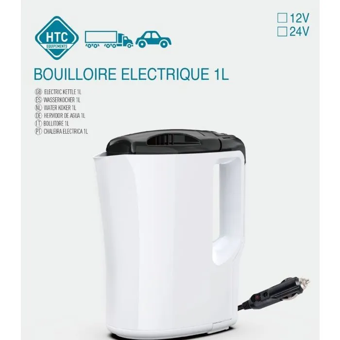 HTC Equipements Bouilloire électrique 24V 1L 250W pour voiture - Corps blanc, couvercle noir - Avec arrêt automatique et cordon allume-cigare