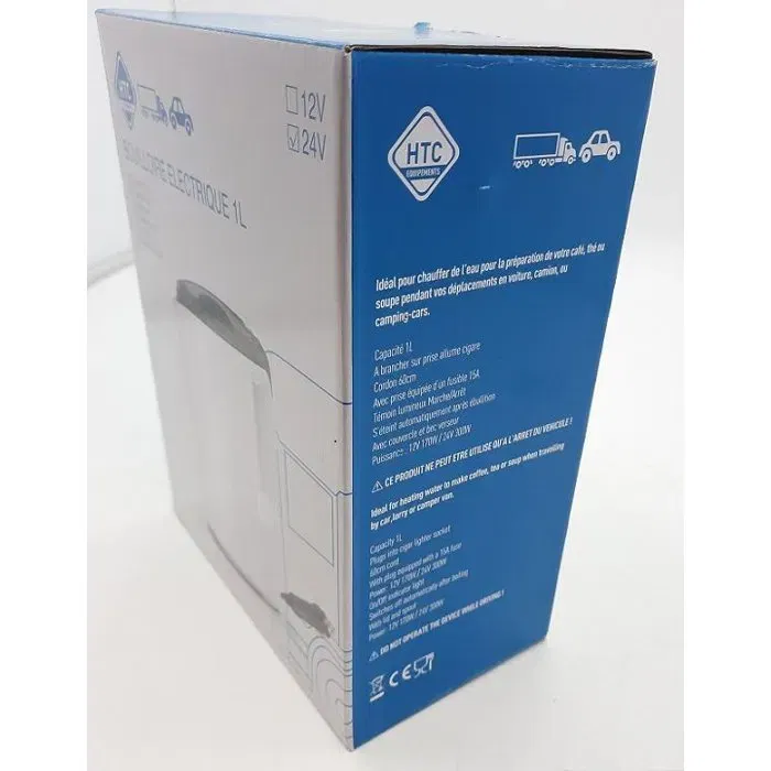 HTC Equipements Bouilloire électrique 24V 1L 250W pour voiture - Corps blanc, couvercle noir - Avec arrêt automatique et cordon allume-cigare