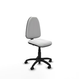 Chaise de bureau Aýna avec mécanisme de contact permanent de base, rembourrée de tissu blanc. Équipée d'une base en polyamide noir, sans accoudoirs et avec roulettes pour parquet