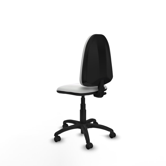 Chaise de bureau Aýna avec mécanisme de contact permanent de base, rembourrée de tissu blanc. Équipée d'une base en polyamide noir, sans accoudoirs et avec roulettes pour parquet