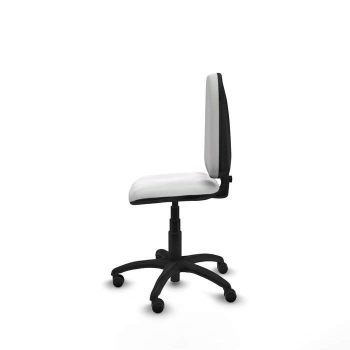 Chaise de bureau Aýna avec mécanisme de contact permanent de base, rembourrée de tissu blanc. Équipée d'une base en polyamide noir, sans accoudoirs et avec roulettes pour parquet