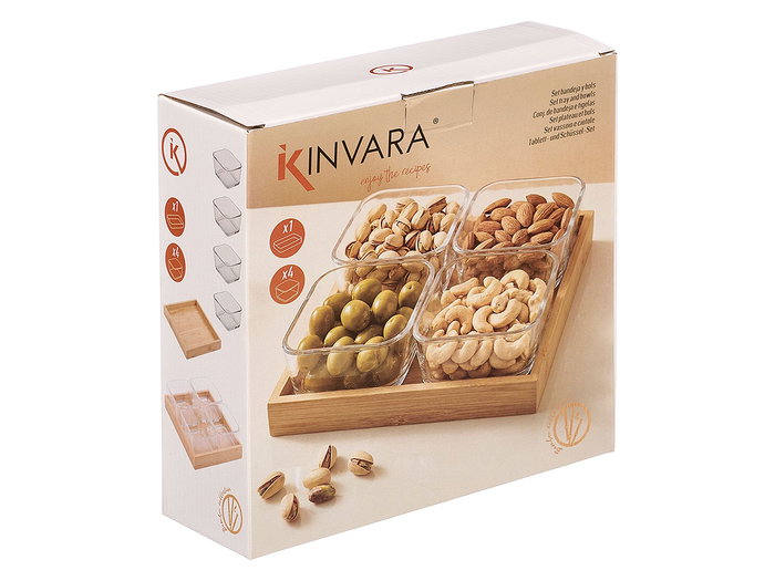 Kinvara Bandeja en bambou avec 4 bols en verre 21 x 21 x 6 cm (Set de 12)