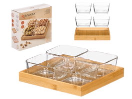 Kinvara Bandeja en bambou avec 4 bols en verre 21 x 21 x 6 cm (Set de 12)