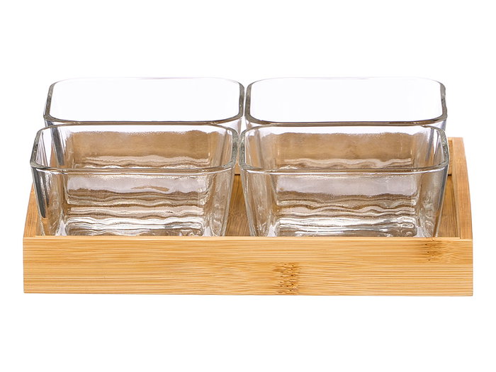 Kinvara Bandeja en bambou avec 4 bols en verre 21 x 21 x 6 cm (Set de 12)