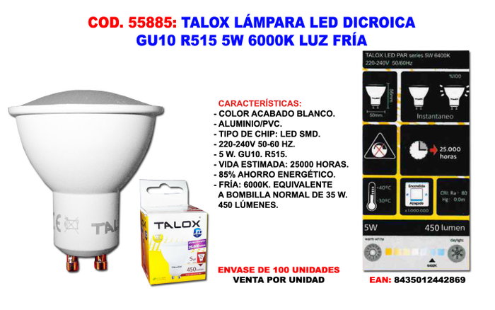 TALOX Ampoule LED Dichroïque GU10 5W 6000K Lumière Froide TALOX Ampoule LED Dichroïque GU10 5W 6000K Lumière Froide