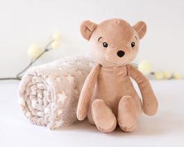 KioKids Ours en Peluche Marron avec Couverture Étoilée pour Bébé - Peluche 25 cm et Couverture 100 x 100 cm, 100% Polyester, Dès la Naissance