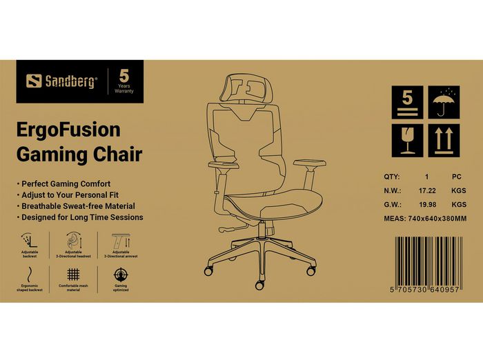 Sandberg ErgoFusion Pro - Fauteuil Gaming Ergonomique avec Réglages Multiples, Dossier en Maille Respirante et Appui-tête Ajustable, Confort Optimal pour Jeu et Travail