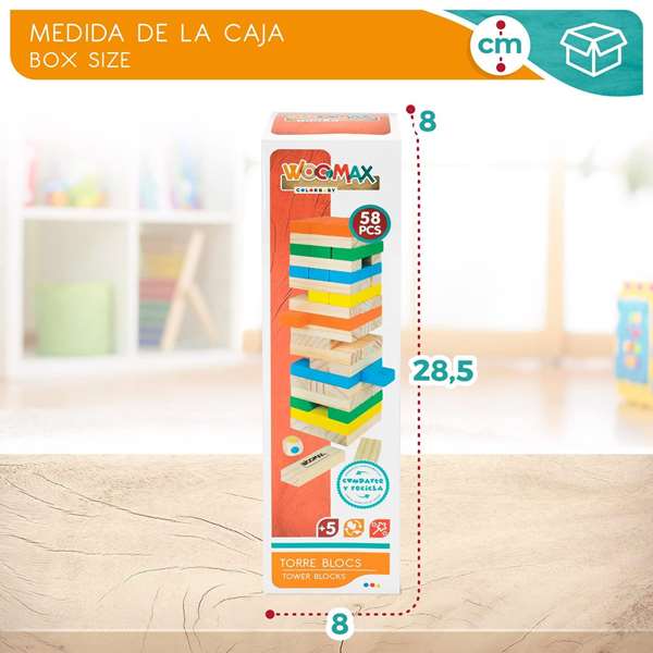 Woomax Tour en blocs de bois de 26 cm avec 58 pièces - Jeu de construction pour enfants