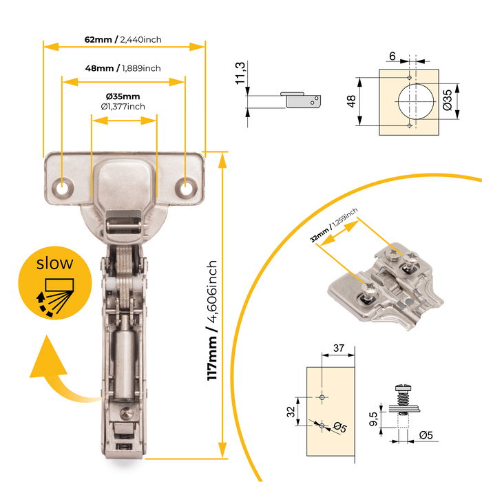 Emuca Lot de 20 charnières droites X91 à fermeture amortie avec embases de montage mixtes, Diamètre 5x9.5mm, Hauteur 0, Acier, Nickelé Emuca Lot de 20 charnières droites X91 à fermeture amortie avec embases de montage mixtes, Diamètre 5x9.5mm, Hauteur 0, Acier, Nickelé