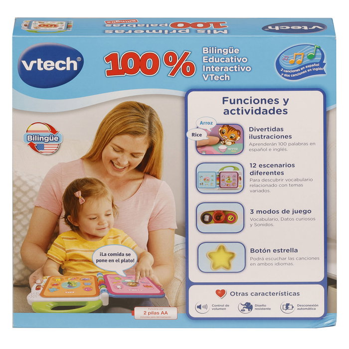 VTech Livre éducatif interactif bilingue Mes Premières 100 Mots - Enseigne l'espagnol et l'anglais - 3 modes de jeu, 12 pages, chansons - 80-601547 - À partir de 18 mois