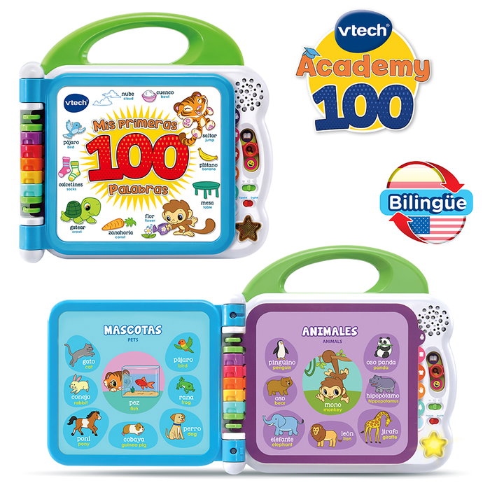 VTech Livre éducatif interactif bilingue Mes Premières 100 Mots - Enseigne l'espagnol et l'anglais - 3 modes de jeu, 12 pages, chansons - 80-601547 - À partir de 18 mois