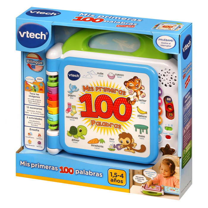 VTech Livre éducatif interactif bilingue Mes Premières 100 Mots - Enseigne l'espagnol et l'anglais - 3 modes de jeu, 12 pages, chansons - 80-601547 - À partir de 18 mois