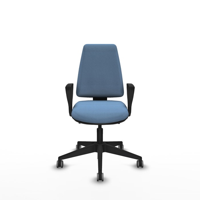 Chaise Elche Asynchrone Tissu Bleu ciel Base pyramidale noire Accoudoirs fixes Sans appui-tête Roulettes 65mm pour moquette