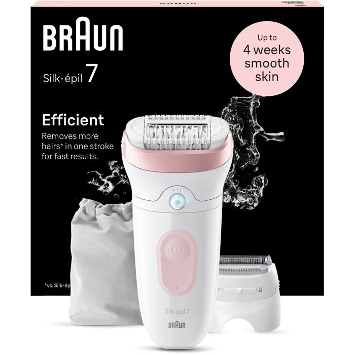 Braun Silk-épil 7 Épilateur Électrique Sans Fil, Réf. 7-030, Blanc/Rose, Technologie MicroGrip, Tête Large, Étanche, Peau Douce 1 Mois