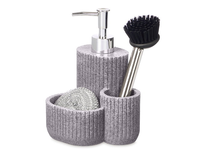 Kinvara Dosificateur de cuisine avec éponge et brosse Gris Résine 13x19x11 cm (Set de 12)