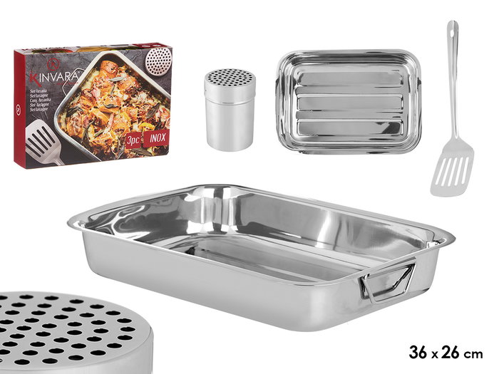 Kinvara Set de 3 pièces plaque de cuisson 36 x 26 cm, palette et distributeur, acier inoxydable argenté (Set de 6) Kinvara Set de 3 pièces plaque de cuisson 36 x 26 cm, palette et distributeur, acier inoxydable argenté (Set de 6)