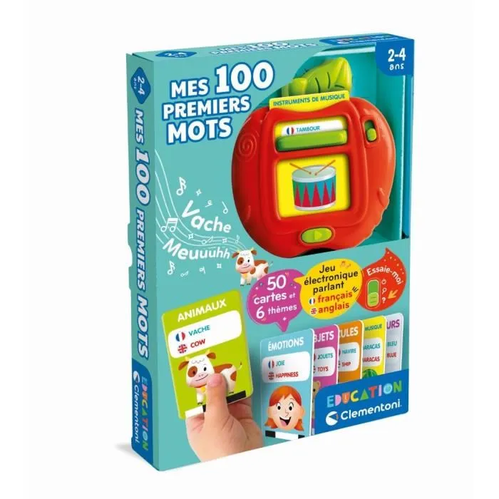Clementoni - Mes 100 premiers mots Bilingue Français-Anglais - Jouet éducatif avec 2 modes de jeu, Quiz et découverte, sons et comptines - Enfant dès 3 ans