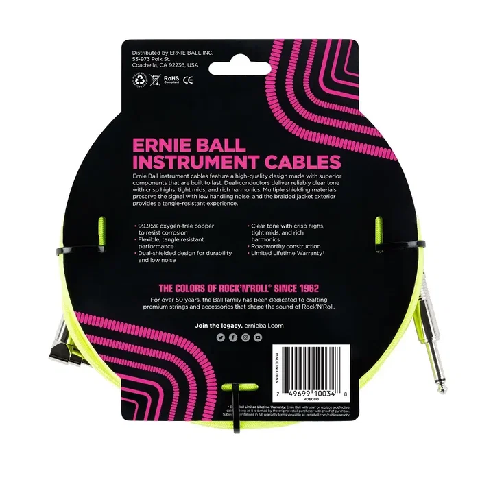 Ernie Ball Câble d'instrument tressé Jack-Jack 2,54 m Néon / Jaune