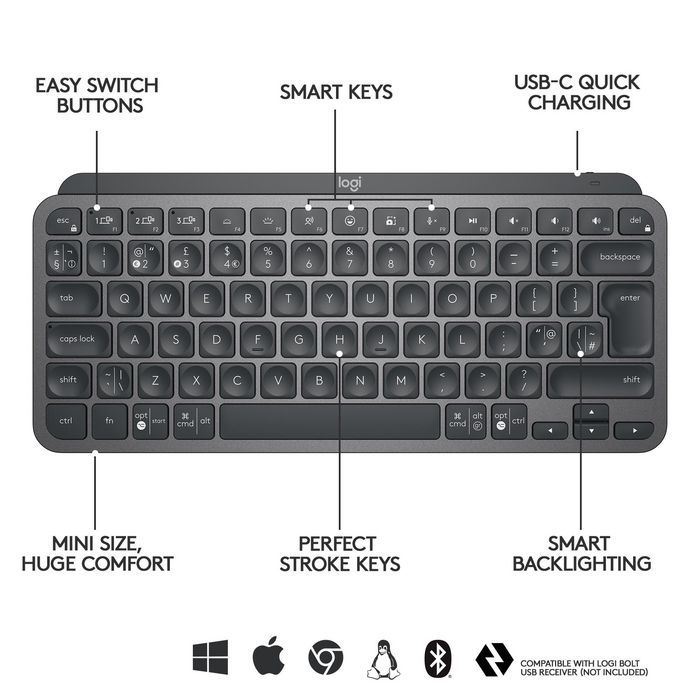 Logitech MX Keys Mini Clavier sans fil rétroéclairé Graphite Logitech MX Keys Mini Clavier sans fil rétroéclairé Graphite