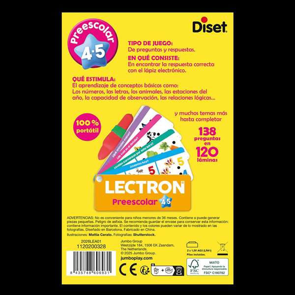 Diset Lectron - Jeu éducatif électronique avec stylet lumineux et sonore pour préscolaire 4-5 ans - 138 questions sur 120 fiches - Version espagnole Diset Lectron - Jeu éducatif électronique avec stylet lumineux et sonore pour préscolaire 4-5 ans - 138 questions sur 120 fiches - Version espagnole