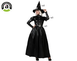 Déguisement Adulte Sorcière Classique Noir avec Robe Satinée, Chapeau Pointu et Ceinturon M-L pour Halloween et Fêtes