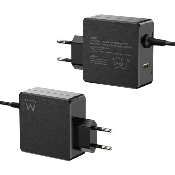 Ewent EW3978 Chargeur mural USB-C 65W PD avec port USB-A supplémentaire pour smartphone, tablette et ordinateur portable