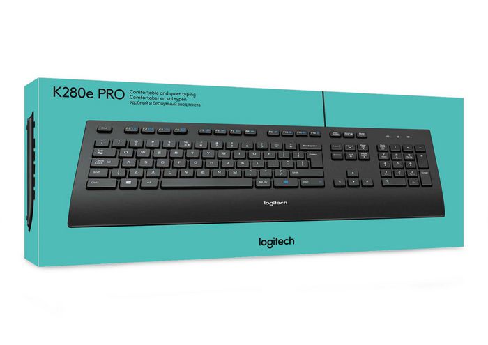 Logitech K280e Clavier USB avec repose-poignets, résistant aux éclaboussures, profil bas et silencieux - Noir (Disposition US)