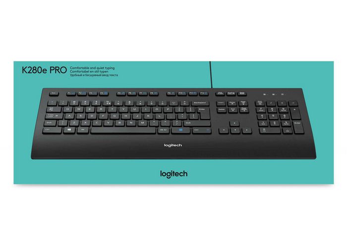 Logitech K280e Clavier USB avec repose-poignets, résistant aux éclaboussures, profil bas et silencieux - Noir (Disposition US)