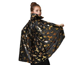 Cape courte noire avec détails dorés et col haut pour Halloween - Longueur 75 cm pour déguisement de sorcier, magicien ou personnage mystique