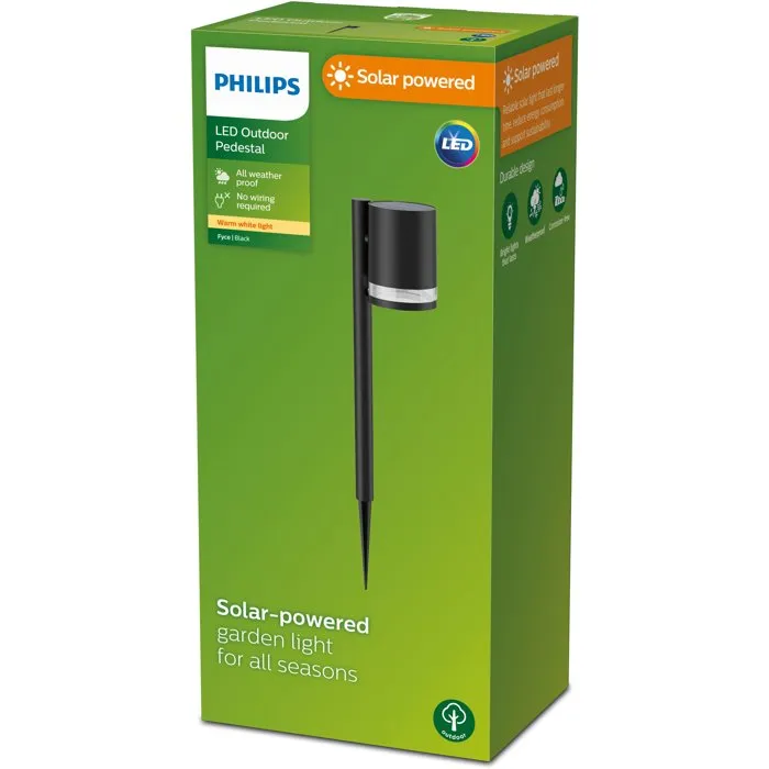 Philips Fyce - Borne Lumineuse Solaire sur Poteau - Noir - Lampadaire Écologique sans Branchement pour Jardin Philips Fyce - Borne Lumineuse Solaire sur Poteau - Noir - Lampadaire Écologique sans Branchement pour Jardin