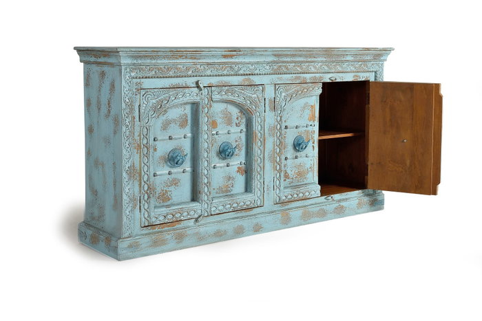 GINER Y COLOMER - Buffet 4 portes en bois de manguier vert d'eau vieilli, sculpté à la main, avec détails métal, 190x100x45 cm
