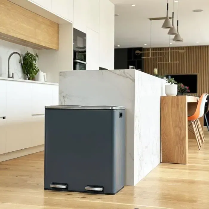 Kitchen Move Major - Poubelle de cuisine à pédale, tri sélectif, 2x30L (60L total), acier inoxydable gris mat, rectangulaire 60x36x65 cm, avec seaux plastique