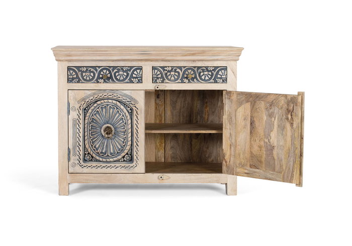 GINER Y COLOMER - Buffet en bois de manguier sculpté artisanalement, 2 tiroirs et 2 portes, finition blanc lavé et bleu profond - Dimensions : 105x31x? cm