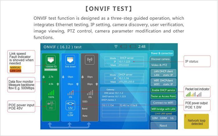 Ernitec Moniteur de test 4K avec écran tactile capacitif IPS de 7", Wi-Fi 2.4G/5G, compatible IP/HDCVI/AHD/TVI/CVBS/ONVIF, TDR, DDM, OPM, sortie PoE+ et DC 12V/2A