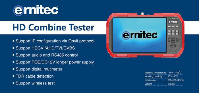 Ernitec Moniteur de test 4K avec écran tactile capacitif IPS de 7", Wi-Fi 2.4G/5G, compatible IP/HDCVI/AHD/TVI/CVBS/ONVIF, TDR, DDM, OPM, sortie PoE+ et DC 12V/2A