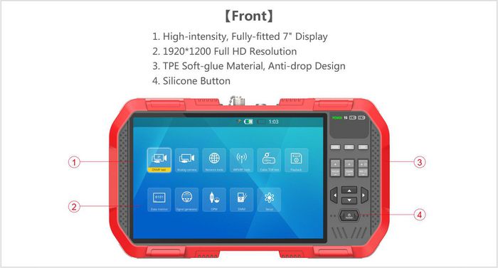 Ernitec Moniteur de test 4K avec écran tactile capacitif IPS de 7", Wi-Fi 2.4G/5G, compatible IP/HDCVI/AHD/TVI/CVBS/ONVIF, TDR, DDM, OPM, sortie PoE+ et DC 12V/2A