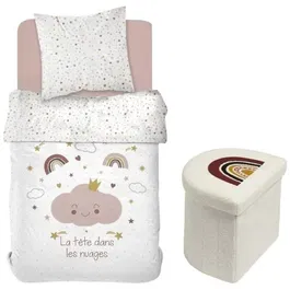 Today - Ensemble parure de lit enfant ARC EN CIEL + coffre-pouf pliable de rangement, 140 x 200 cm, Coton 100%, housse réversible