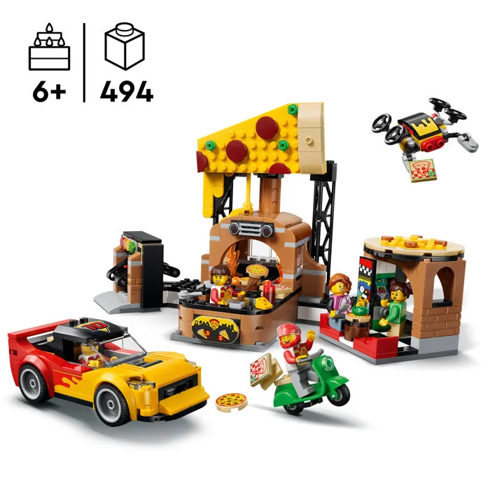 LEGO City 60496 La Pizzeria et ses Véhicules de Livraison - Jeu de Construction avec Voiture, Scooter et Drone pour Enfants dès 6 Ans