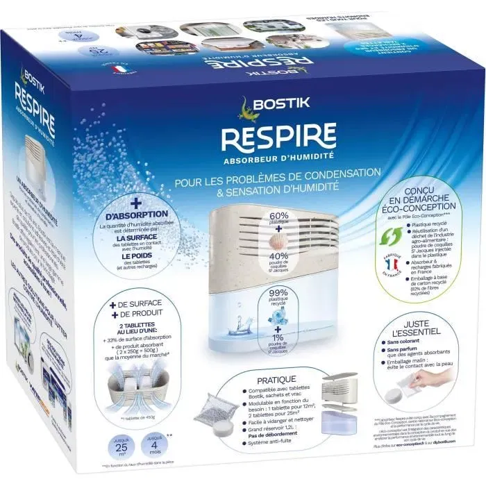 Bostik Absorbeur d'humidité Respire - Jusqu'à 25 m² - 2 recharges sans parfum 2 x 250 g - Éco-conçu à partir de plastique et carton recyclés