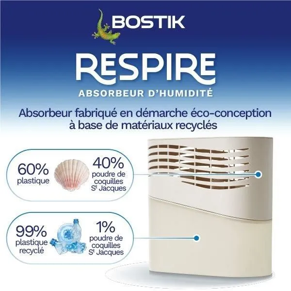 Bostik Absorbeur d'humidité Respire - Jusqu'à 25 m² - 2 recharges sans parfum 2 x 250 g - Éco-conçu à partir de plastique et carton recyclés
