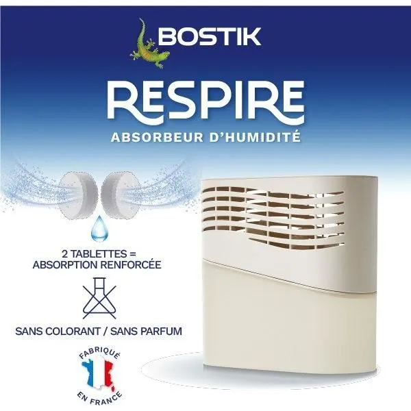 Bostik Absorbeur d'humidité Respire - Jusqu'à 25 m² - 2 recharges sans parfum 2 x 250 g - Éco-conçu à partir de plastique et carton recyclés
