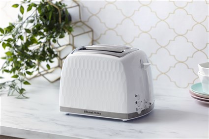 Russell Hobbs 26060-56 Tostador Honeycomb Blanc pour 2 Tranches avec Fonction Extra-Élévation et Support à Croissants