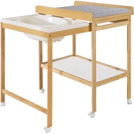Roba Table à langer avec baignoire coulissante intégrée - Inclus matelas déperlant gris style Roba et tablette de rangement - Bambou naturel et blanc - Jusqu'à 11 kg